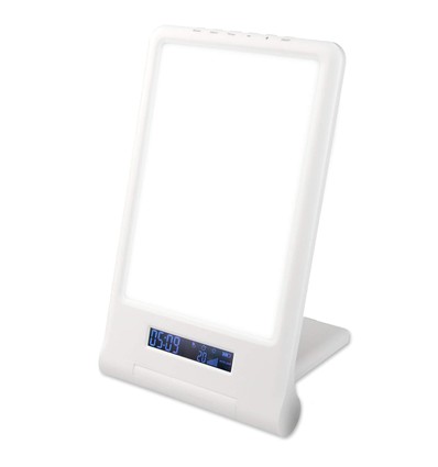 Lampe de luminothérapie LED avec minuterie/alarme - 18W, blanc/bleu, 10 000 LUX, batterie intégrée