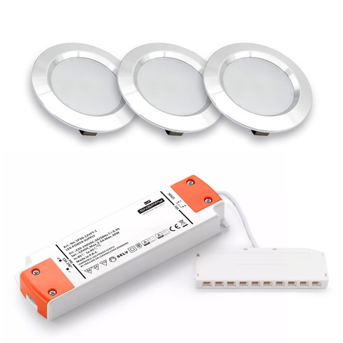 Lot de 3 spots pour meubles Reco68 dimmables - Acier brossé, avec alimentation dimmable