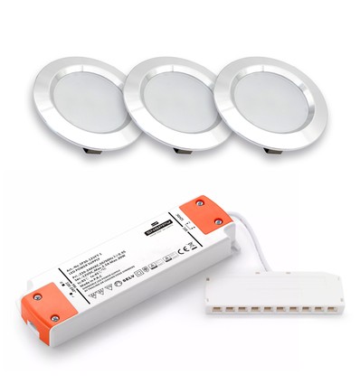 Lot de 3 spots pour meubles Reco68 dimmables - Acier brossé, avec alimentation dimmable