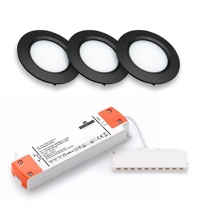 Lot de 3 spots pour meubles Reco68 dimmables - Noir, avec alimentation dimmable incluse