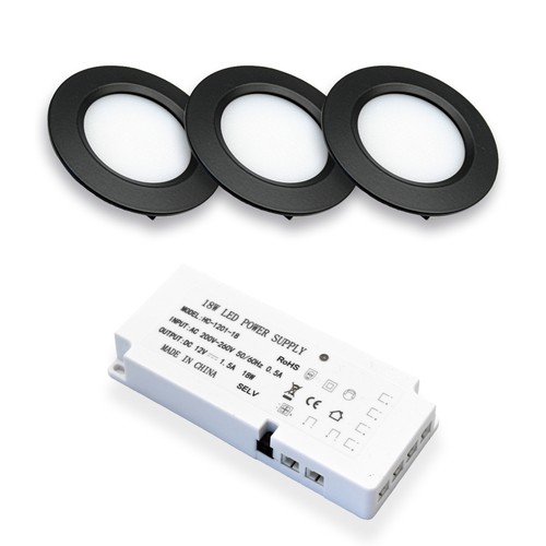 Lot de 3 spots pour meubles Reco68 - Noir, avec alimentation incluse