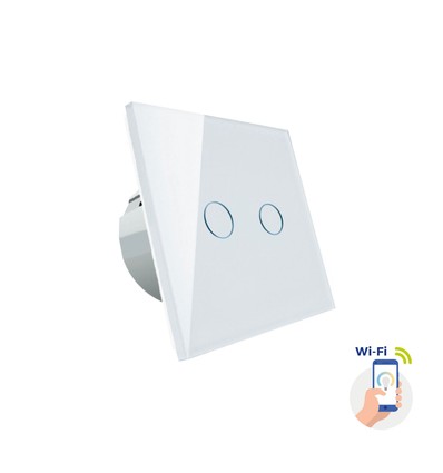 Interrupteur WiFi intelligent 2 zones - 2x1000W, verre blanc, compatible Google Home/Alexa, IP20 intérieur