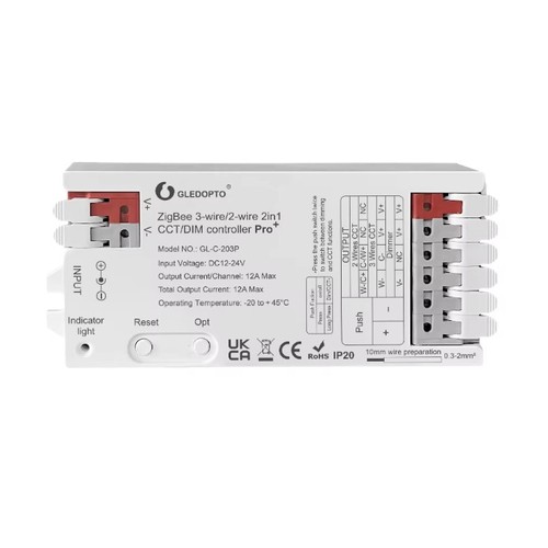 Gledopto Pro 2-in-1 Zigbee stripcontroller - Hue compatibel, 12V/24V, 12V (144W) 24V (288W), Effen kleur + CCT