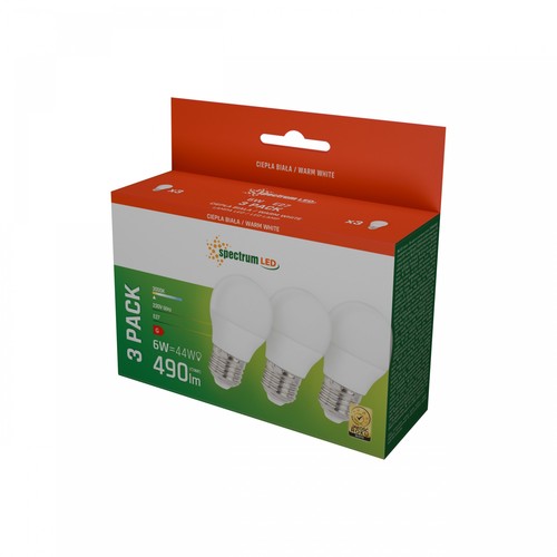 Pack de 3 ampoules LED E27 6W - G45, blanc chaud