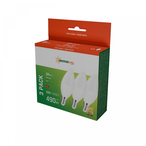 3 st. E14 6W LED kronljus - 3000K, varmvit, 520lm