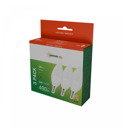 3 stk. E14 6W LED kronepære - 3000K, varm hvit, 520lm