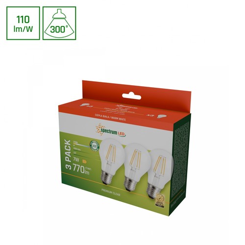 3 stuks E27 7W LED lamp - GLS, filament, 770lm, warm wit, 3-pack