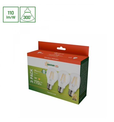 3 stuks E27 7W LED lamp - GLS, filament, 770lm, warm wit, 3-pack