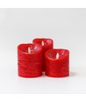 LED Blokklys Ø10cm, 3 stk, bevegelig flamme, rød - Inkl. fjernkontroll og timer, 10/12,5/15cm høy, ekte stearin