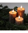 Set de 3 bougies LED aspect bois, aspect fondu, effet flamme - Ø5,5cm, 10/12,5/15cm de haut, avec télécommande, véritable cire