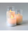 Set de 3 bougies LED sous verre Ø7,5cm, flamme vacillante - Avec télécommande et minuterie, 10/12,5/15cm de haut, véritable cire