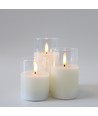 Set de 3 bougies LED sous verre Ø7,5cm, effet flamme - Avec télécommande et minuterie, 10/12,5/15cm de haut, véritable cire