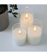 LED Stompkaarsen set in glas Ø7,5cm, 3 stuks, vlameffect - Incl. afstandsbediening en timer, 10/12,5/15cm hoog, echte was