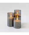 LED Blokklys sett i røykfarget glass Ø7,5cm, 3 stk, flammeeffekt - Inkl. fjernkontroll og timer, 10/12,5/15cm høy, ekte stearin