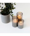 LED Stompkaarsen set in rookglas Ø7,5cm, 3 stuks, vlameffect - Incl. afstandsbediening en timer, 10/12,5/15cm hoog, echte was
