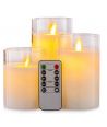 LED Stompkaarsen set in glas Ø7,5cm, 3 stuks, bewegende vlam - Incl. afstandsbediening en timer, 10/12,5/15cm hoog, echte was