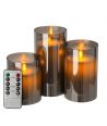 Set de 3 bougies LED en verre fumé Ø7,5cm - Avec télécommande et minuterie, 10/12,5/15cm, vraie cire