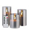 LED Kaarsenset in grijs glas Ø7,5cm, 3 stuks - Incl. afstandsbediening en timer, 10/12,5/15cm, echte was