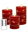 Set 3 bougies LED avec guirlande, effet flamme - Ø7,5cm, 10/12,5/15cm, avec télécommande, minuterie, vraie cire, Rouge