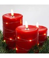 Set 3 bougies LED avec guirlande, effet flamme - Ø7,5cm, 10/12,5/15cm, avec télécommande, minuterie, vraie cire, Rouge