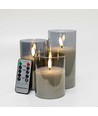 Set de 3 bougies LED en verre gris Ø7,5cm - Avec télécommande et minuterie, 10/12,5/15cm, vraie cire