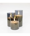 LED Bloklys sæt i gråtonet glas Ø7,5cm, 3 stk, flammeeffekt - Inkl. fjernbetjening og timer, 10/12,5/15cm høj, ægte stearin