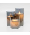 Set de 3 bougies LED en verre fumé Ø7,5cm - Avec télécommande et minuterie, 10/12,5/15cm, vraie cire