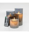 Set de 3 bougies LED en verre fumé Ø7,5cm - Avec télécommande et minuterie, 10/12,5/15cm, vraie cire