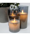 LED Blokklys sett i røykfarget glass Ø7,5cm, 3 stk - Inkl. fjernkontroll og timer, 10/12,5/15cm, ekte voks