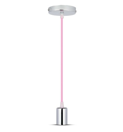 Chrome pendelophanging met roze kabel - E27 fitting, metalen cup, zonder lichtbron