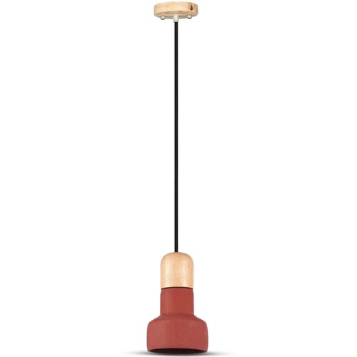 Suspension Ø12,5cm en béton et bois - Rouge, douille E27, design moderne