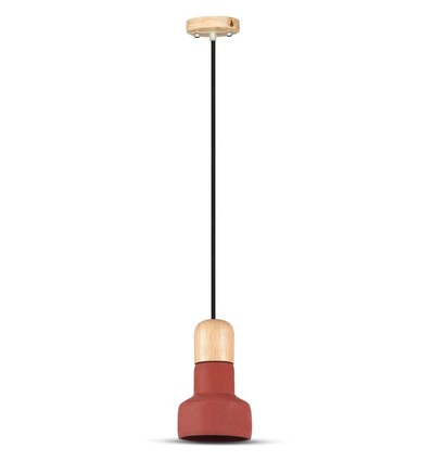 Suspension Ø12,5cm en béton et bois - Rouge, douille E27, design moderne