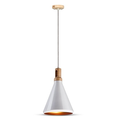 E27 pendellamp in wit met houten top - Max 60W, ijzer, zonder lichtbron