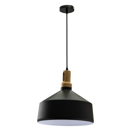 Suspension E27 en fer noir avec tête en bois - Ø30 cm, série Vintage, sans source lumineuse