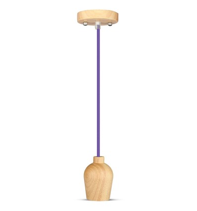 Suspension E27 en noyer avec cordon textile violet - Ø7,3 cm, câble 1 mètre, sans source lumineuse
