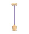 Suspension E27 en noyer avec cordon textile violet - Ø7,3 cm, câble 1 mètre, sans source lumineuse