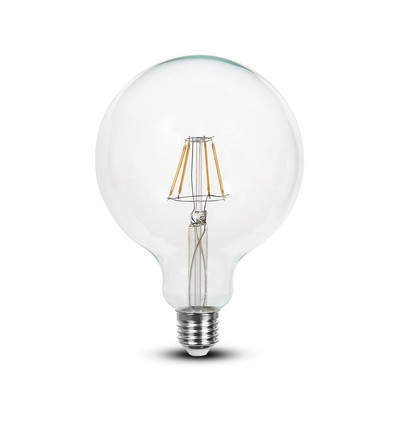 E27 6W LED filament pære - G125, 806lm, 6400K, klart glass, 300°