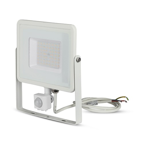 50W LED strålkastare med sensor - IP65, 4000lm, varmvit, PIR rörelsesensor, vit kant