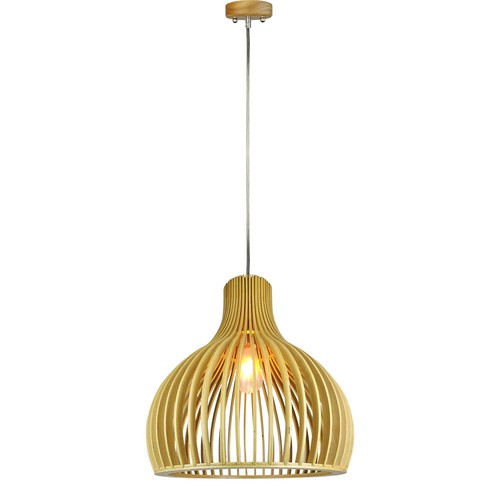 Ø35cm Houten pendellamp met chroom details - E27 fitting, rond, H45cm, decoratieve plafondlamp
