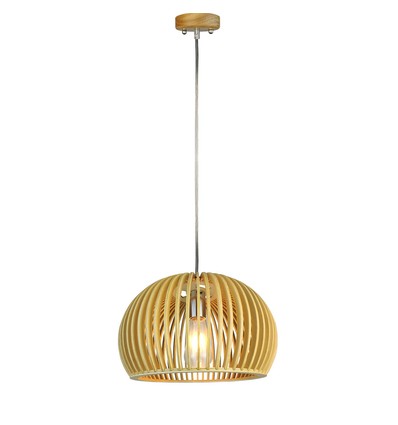 Suspension E27 en bois, ronde - Ø33cm, design oriental, abat-jour et rosace en bois, sans source lumineuse