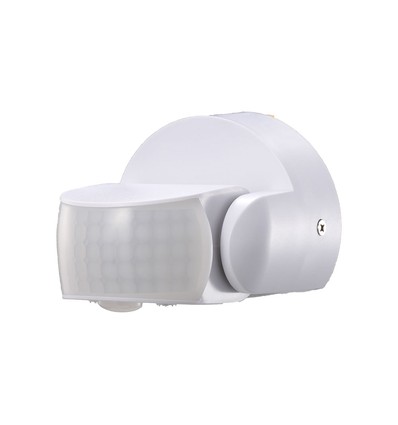 Infrarød bevegelsessensor, hvit - IP65, 180°/360°, max 600W LED, rekkevidde 12m, utendørs/innendørs