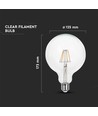 Ampoule LED E27 10W filament globe - G125, 1055lm, verre clair, 125x173mm