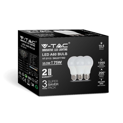3 stk. E27 10,5W LED pære - A60, matt glass, 4000K, 1055lm, 3-pakning