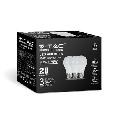 3 st. E27 10,5W LED lamp - A60, mat glas, 4000K, 1055lm, 3-pack