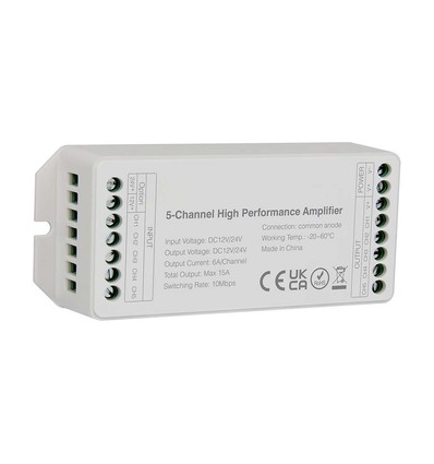 Amplificateur LED 5 canaux pour 12V/24V - 15A, blanc, pour rubans LED RGB+W / RGB / monocolore