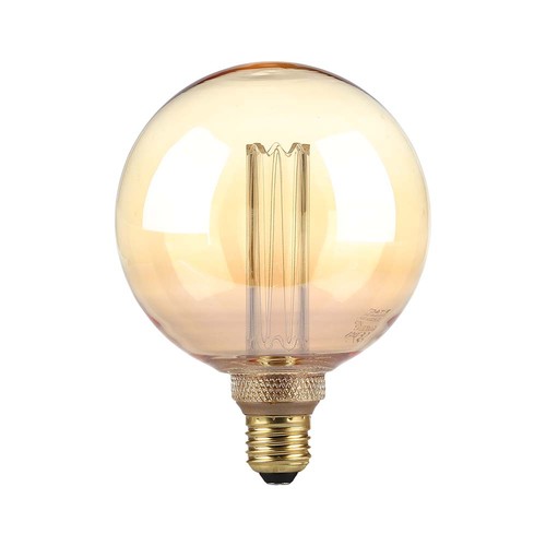 Ampoule LED Art Filament 4W E27 G125 - Verre ambré, 1800K, gravures laser, filament blanc chaud