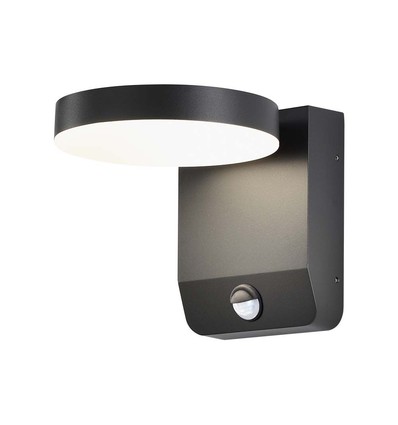 17W LED vegglampe med sensor, rund - IP65, 4000K, sort, PIR sensor, utendørs, 2480lm