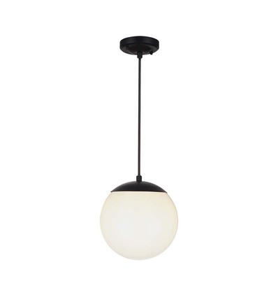 Ø20cm hanglamp, mat zwart - IP44, E27 fitting, opaal witte bol, aluminium en kunststof, exclusief lichtbron