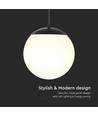 Ø20cm hanglamp, mat zwart - IP44, E27 fitting, opaal witte bol, aluminium en kunststof, exclusief lichtbron