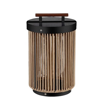 Lampe de jardin 2,4W - LED, solaire, 3000K, noir + poignée en chanvre avec manche en bois